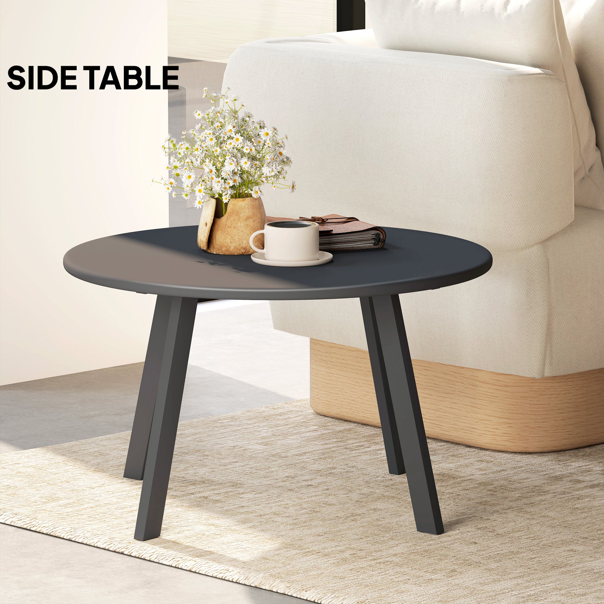 Round Outdoor Side Table, Patio Coffee Table with Metal Frame and Non-Slip Foot Pads, Charcoal Grey