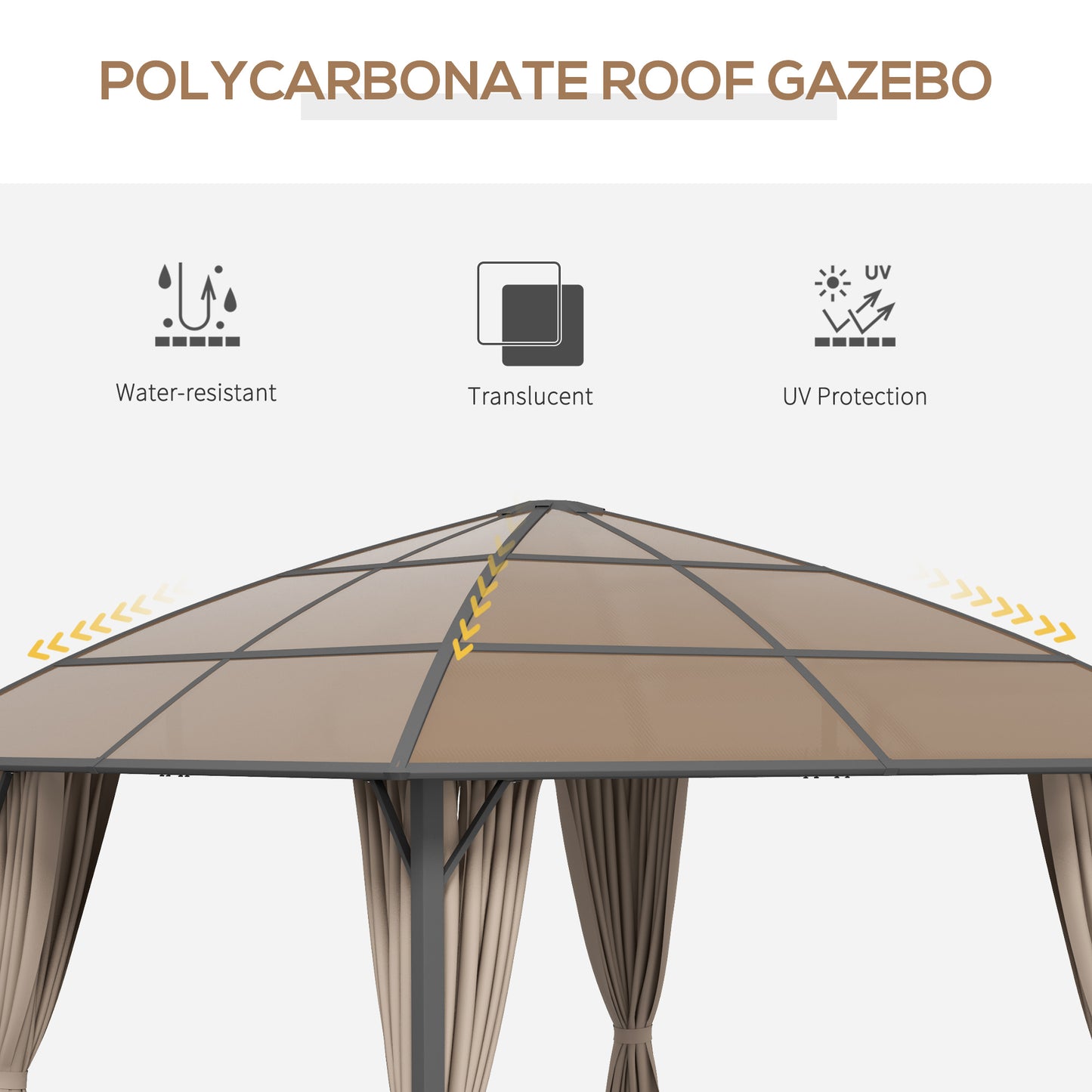 10' x 10' Outdoor Hardtop Gazebo Canopy with UV60+ Polycarbonate Roof, Steel Frame, Central Hook, Curtains, Khaki