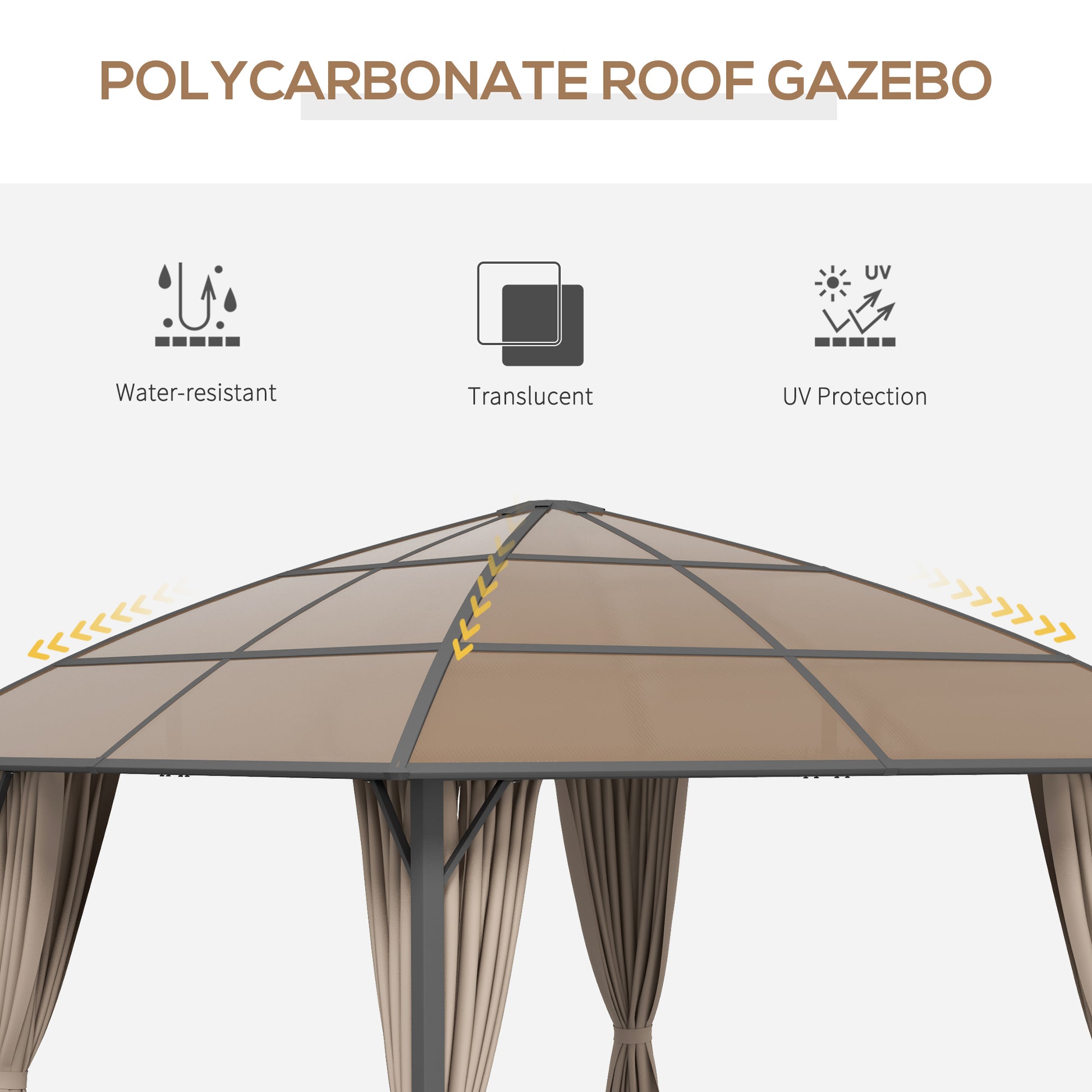10' x 10' Outdoor Hardtop Gazebo Canopy with UV60+ Polycarbonate Roof, Steel Frame, Central Hook, Curtains, Khaki