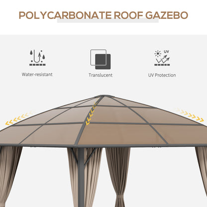 10' x 10' Outdoor Hardtop Gazebo Canopy with UV60+ Polycarbonate Roof, Steel Frame, Central Hook, Curtains, Khaki