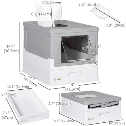 Top Entry Enclosed Kitty Litter Box with Scoop, Tray, Front Entry, Large Space, Foldable, Portable, Grey