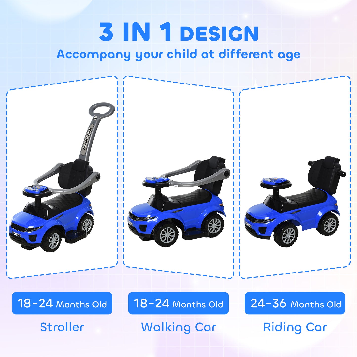 Aosom 3 in 1 Kid Ride on Push Car, Toddlers Sliding Walking Car, with Horn, Music, Light, Parent Control Handle, Secure Bar, Under Seat Storage, for Boy Girl 18-36 Months, Blue