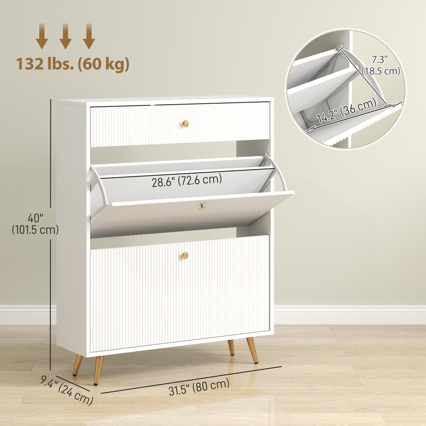 Narrow Shoe Storage Cabinet with Wave-like Panels and Adjustable Shelves for 12 Pairs of Shoes, White