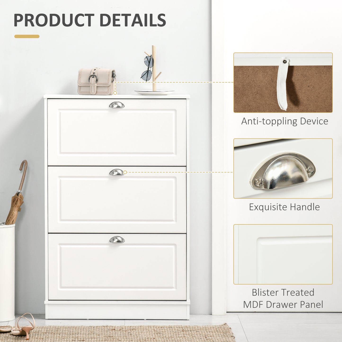 Shoe Cabinet with 3 Flip Drawers, Narrow Shoe Storage Cabinet, Holds 12 Pairs for Entryway, Hallway, White