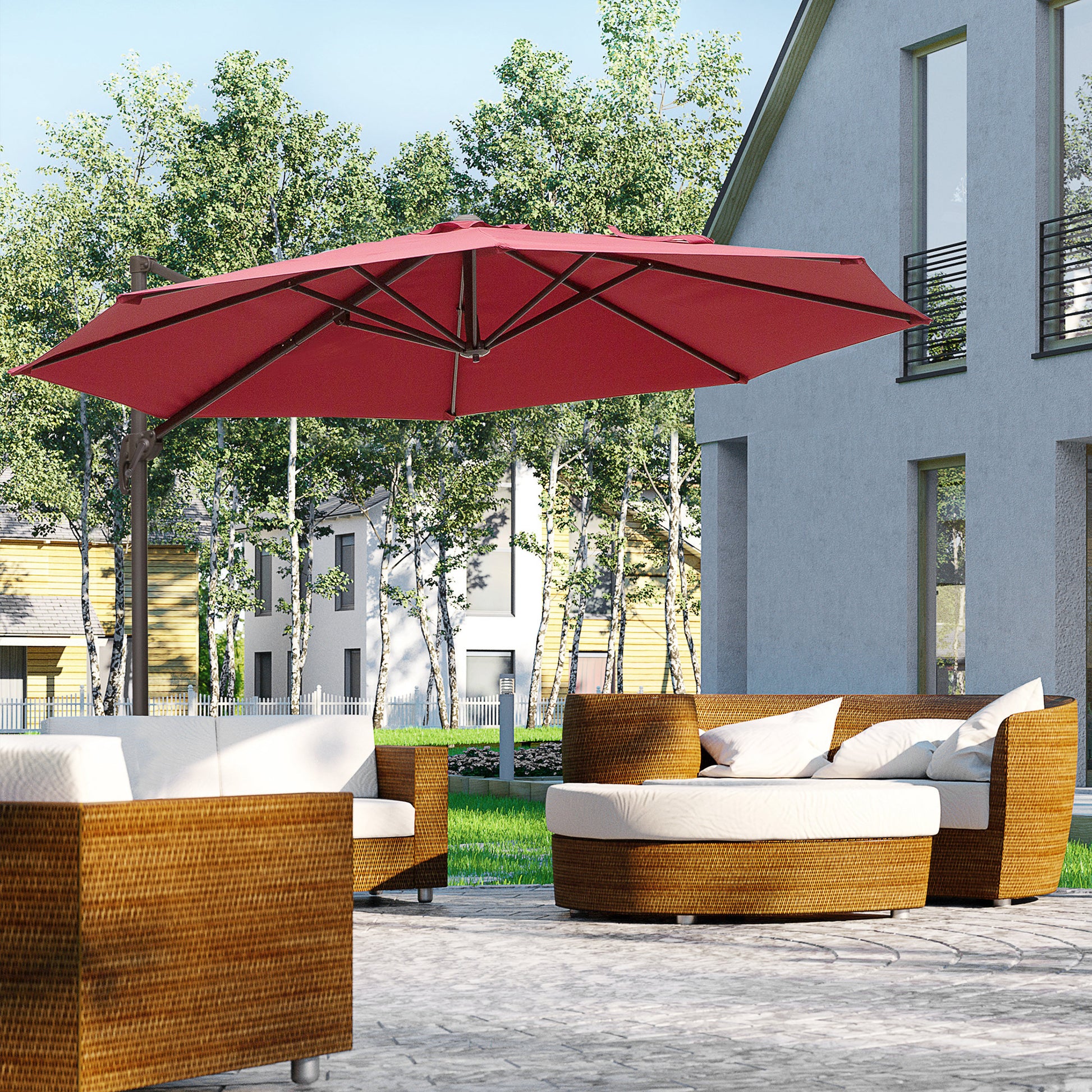 10ft Cantilever Patio Umbrella with 360° Rotation, Crank & Cross Base for Garden Deck Pool Backyard, Wine Red