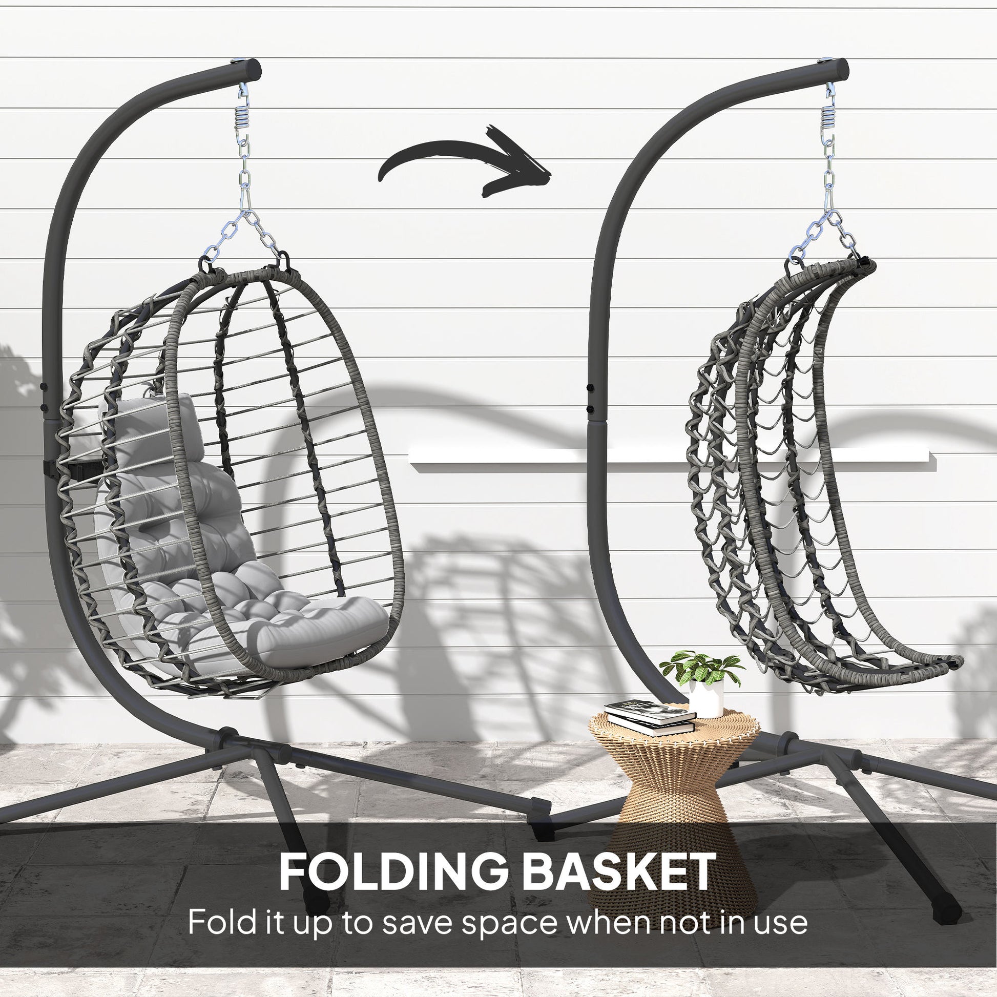 Hanging Egg Chair with Stand, Foldable Wicker Rattan Swing Chair with Thick Cushion, Headrest, Light Grey
