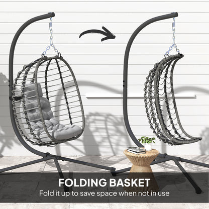 Hanging Egg Chair with Stand, Foldable Wicker Rattan Swing Chair with Thick Cushion, Headrest, Light Grey
