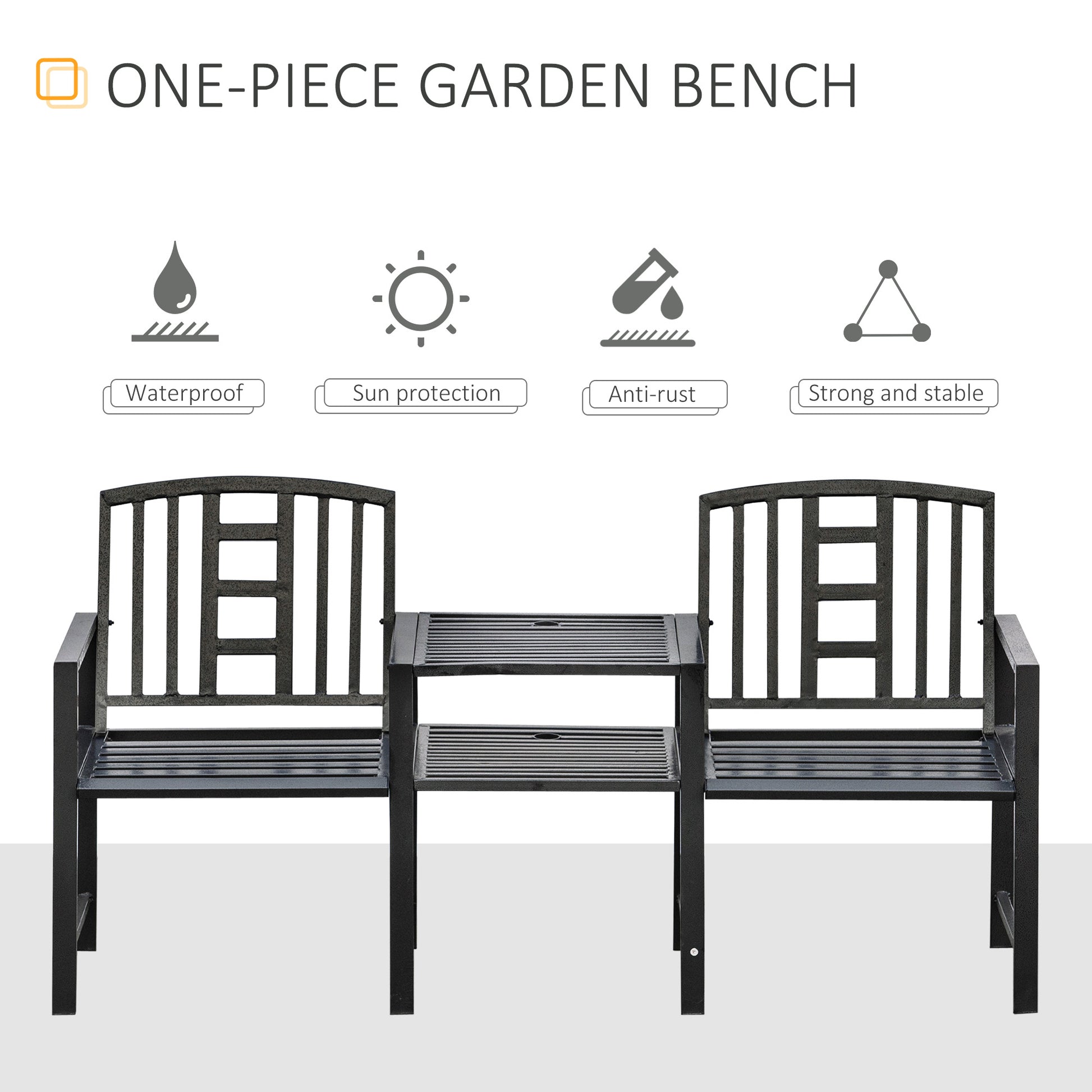 Steel Garden Bench w/ Middle Table, Umbrella Hole, Double Seat for Outdoor, Patio, Backyard Weather-Resistant Frame, Black