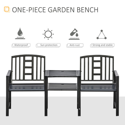Steel Garden Bench w/ Middle Table, Umbrella Hole, Double Seat for Outdoor, Patio, Backyard Weather-Resistant Frame, Black