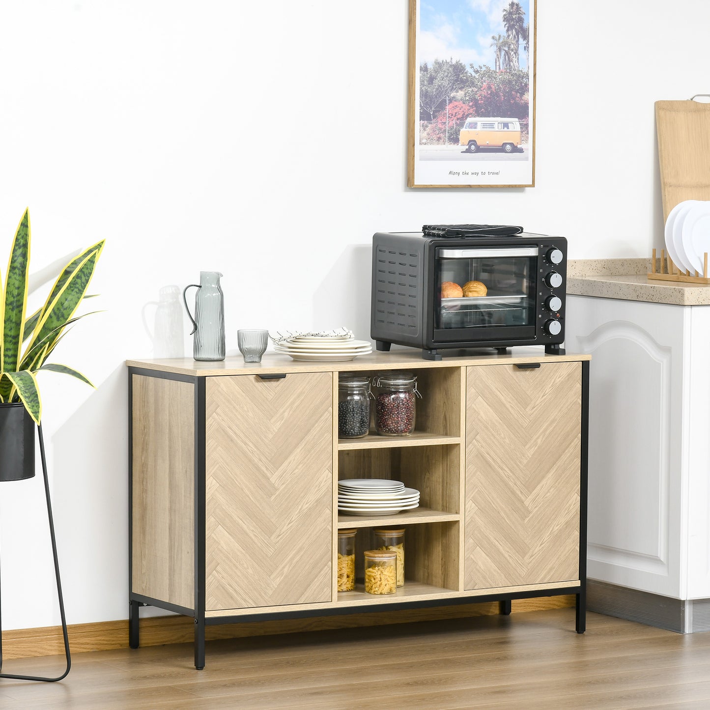 Sideboard Buffet Storage Cabinet Cupboard with 2 Doors and Adjustable Shelves for Dining Room, Kitchen, Living Room, Oak Tone