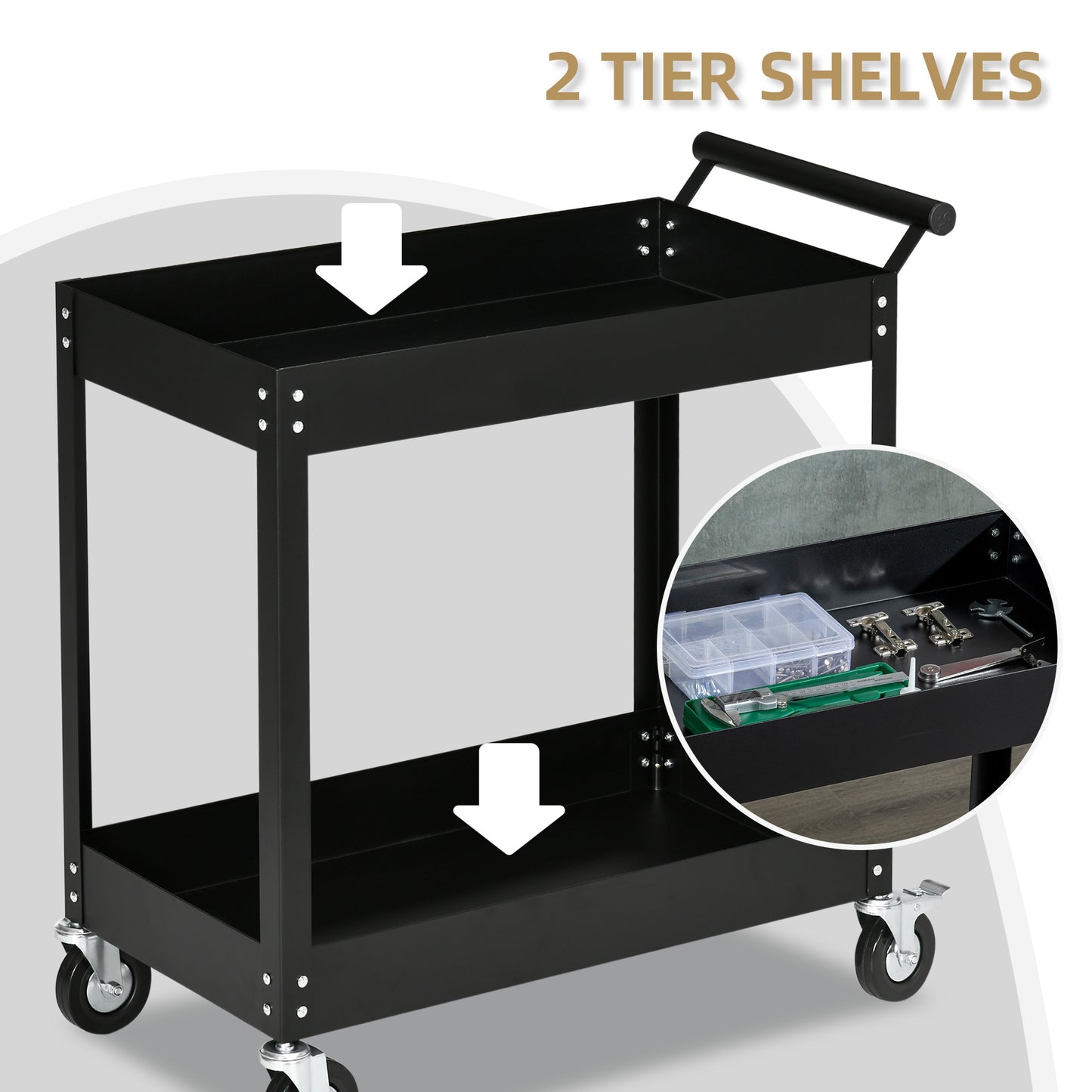 Rolling Tool Cart, 2 Tier Mobile Service Utility Cart with Wheels, Black