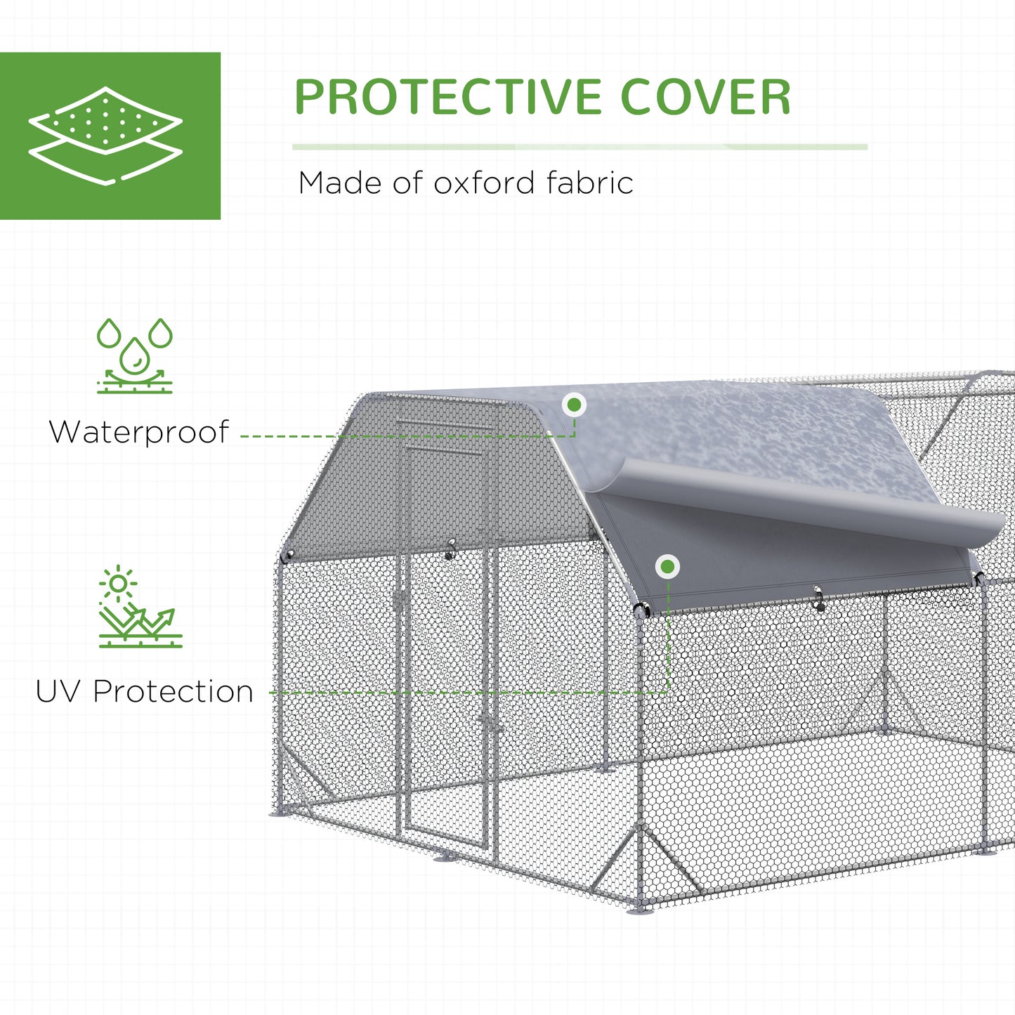 Chicken Run, Galvanized Large Metal Chicken Coop Cage, Walk-in Enclosure Poultry Hen Run House Playpen Rabbit Hutch with Flat Roof, Cover, 9.2' x 12.5' x 6.5', Silver