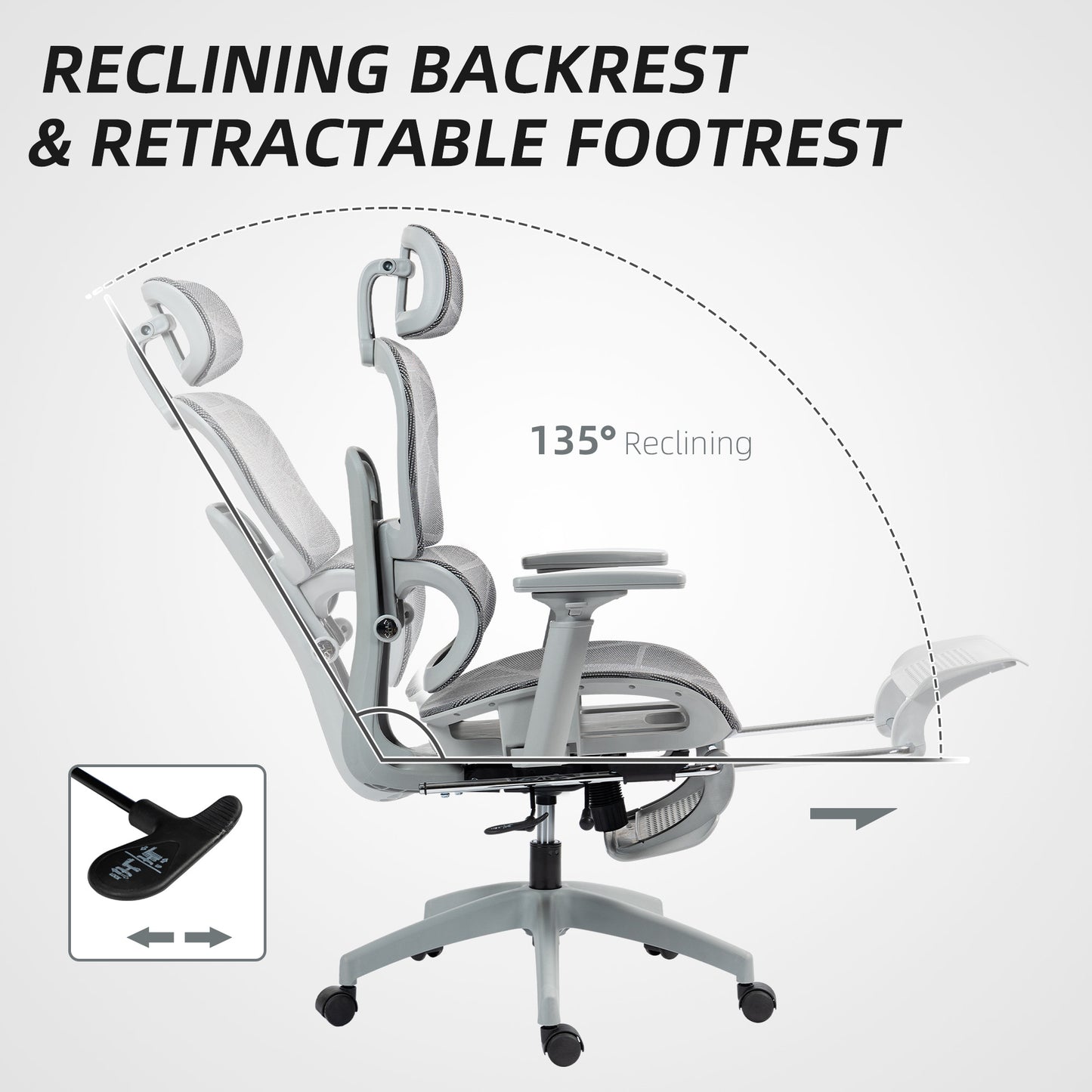Ergonomic Office Chair with Lumbar Support, Mesh Office Chair with 3D Armrest, 135° Reclining, Adjustable Headrest, Grey