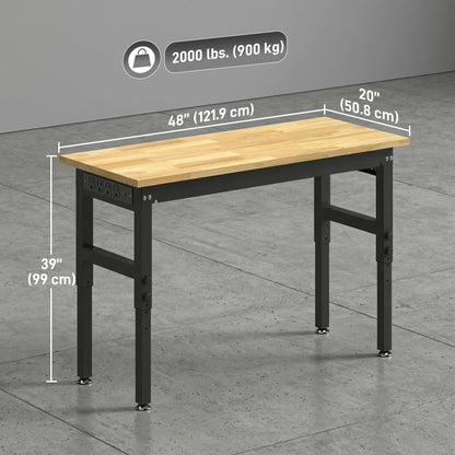 48" Adjustable Workbench, Heavy Duty Work Table with Rubber Wood Top, Power Outlets, Pegboard, 2000 LBS Capacity