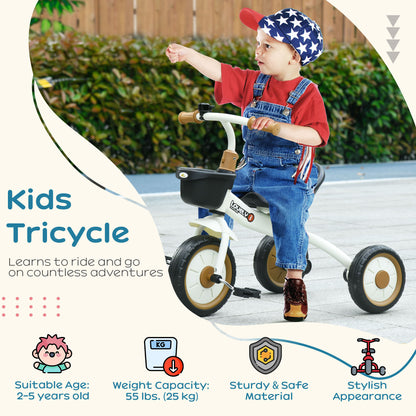 Qaba Tricycle for Toddler 2-5 Year Old Girls and Boys, Toddler Bike with Adjustable Seat, Basket, Bell, White