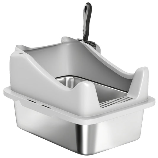 Cat Litter Box Stainless Steel with Metal Litter Scoop, Never Absorbs Odors, Anti Leakage, 17" x 13" x 10", Grey