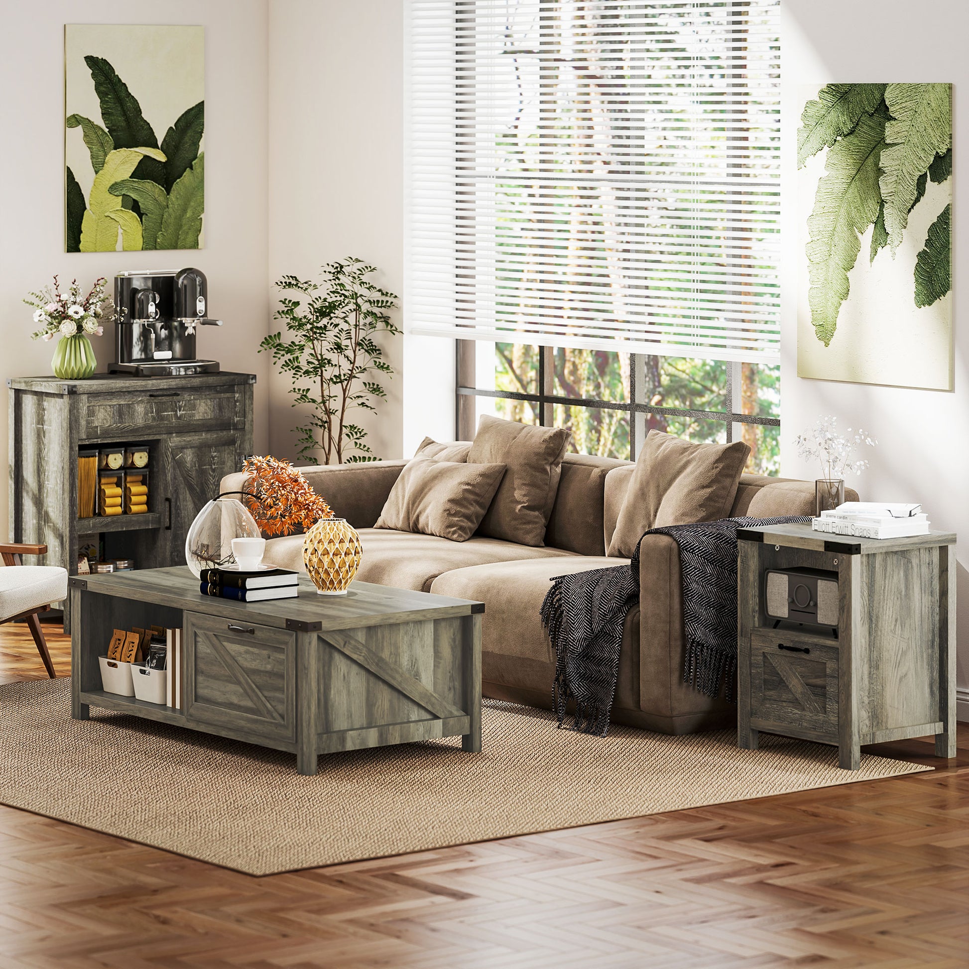Small Side Table with Storage, Farmhouse End Table with Drawer, Open Shelf and Barn-style Panel, Nightstand for Living Room, Bedroom, Grey