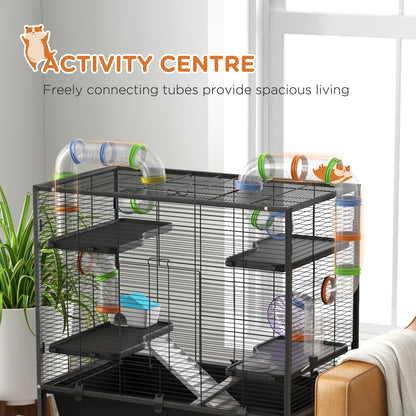 43" Rolling Hamster Cage with Tunnel Tube System, Storage Shelf, Exercise Wheel, Food Dish, Water Bottle, Ramp