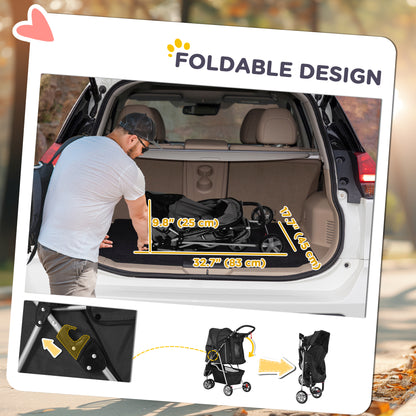 3 Wheels Foldable Dog Stroller with Storage Basket, Adjustable Canopy, Cupholder for Miniature and Small Dogs, Black
