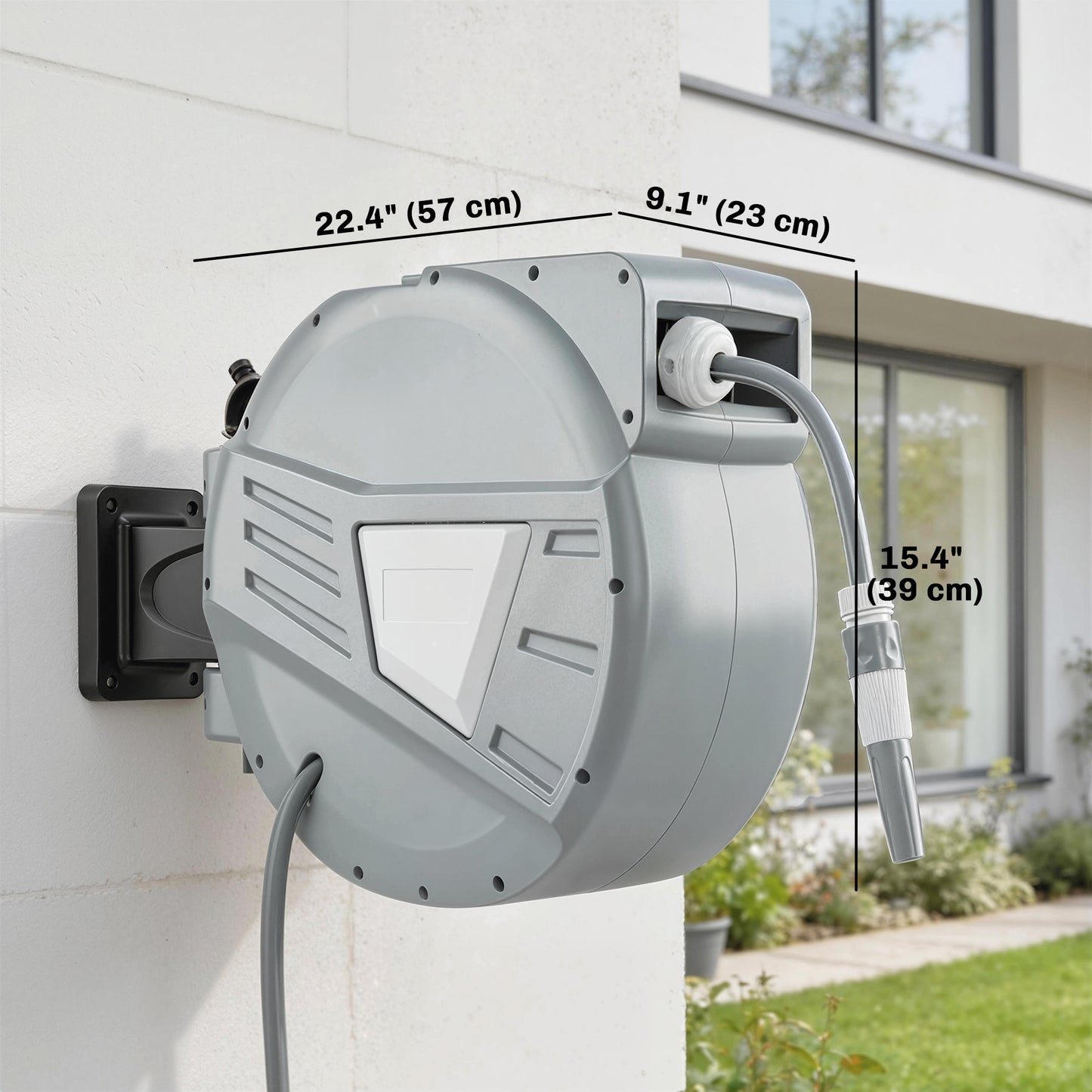 Retractable Garden Hose Reel, 1/2" x 98ft Wall Mounted Hose Reel with Auto Retraction, Self-Locking, Grey