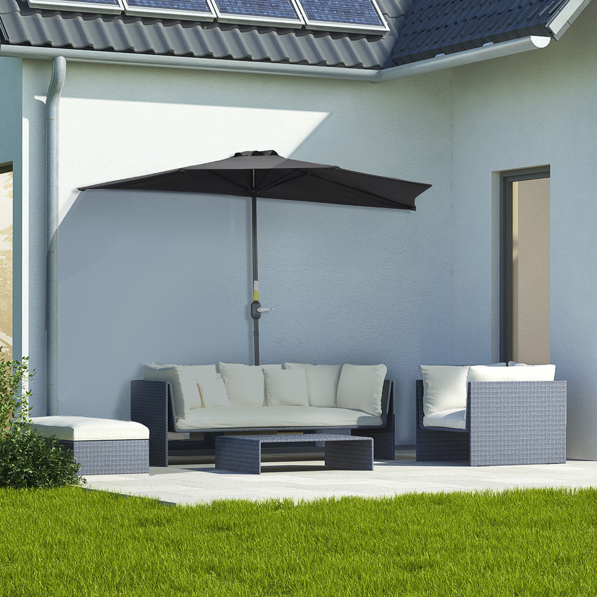 9.8ft Half Umbrella Semi Round Patio Parasol with Crank Handle, Top Vent for Garden, Balcony- NO BASE INCLUDED, Black