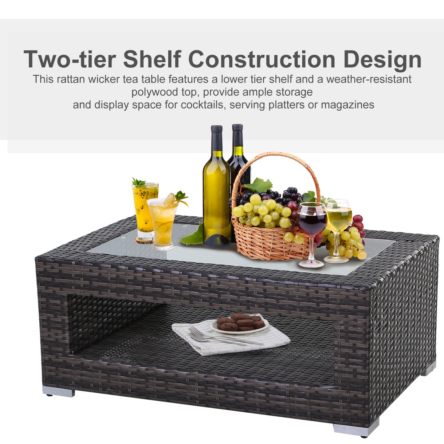 2-Tier Rattan Patio Coffee Table Outdoor Side Table PE Wicker Patio Garden Tea End Desk with Tempered Glass Top & Storage for Balcony, Backyard, Poolside