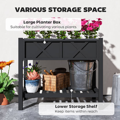 Wooden Raised Garden Bed, Elevated Planter Box with Storage Shelf, Drainage Holes and Liner, 34" x 18" x 30", Black