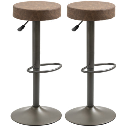 Modern Adjustable Bar Stools Set of 2, Swivel Barstool with Footrest, PU Leather Round Top for Kitchen, Brown