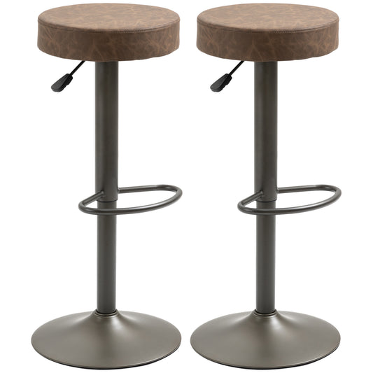 Modern Adjustable Bar Stools Set of 2, Swivel Barstool with Footrest, PU Leather Round Top for Kitchen, Brown