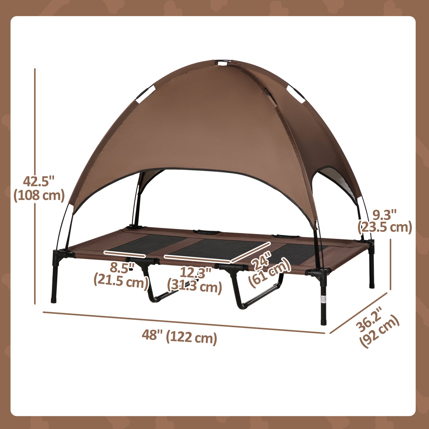 Elevated Dog Bed with Canopy, Portable Raised Dog Cot for XL Sized Dogs, Indoor & Outdoor, 48" x 36" x 43", Coffee