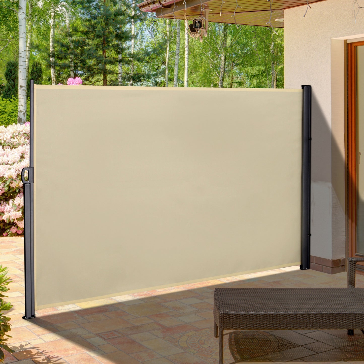 118" x 71" Outdoor Folding Privacy Screen Retractable Side Awning Patio with Resistance to UV Rays and Wind Cream White