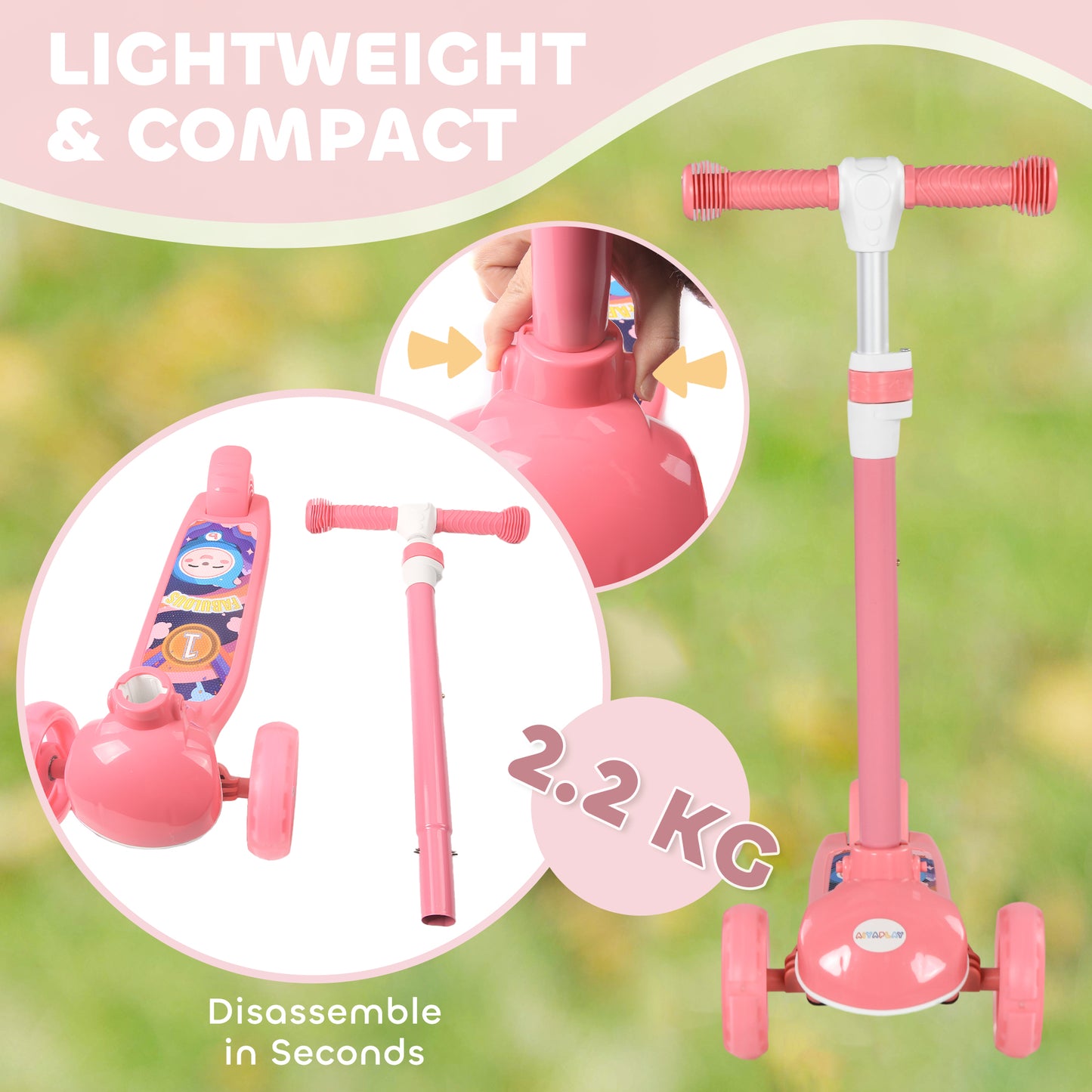 Qaba 3 Wheel Kids Scooter, Toddler Kick Scooter with Adjustable Height, Rear-Fender Brake, LED Light, TPE Handlebar, Pink