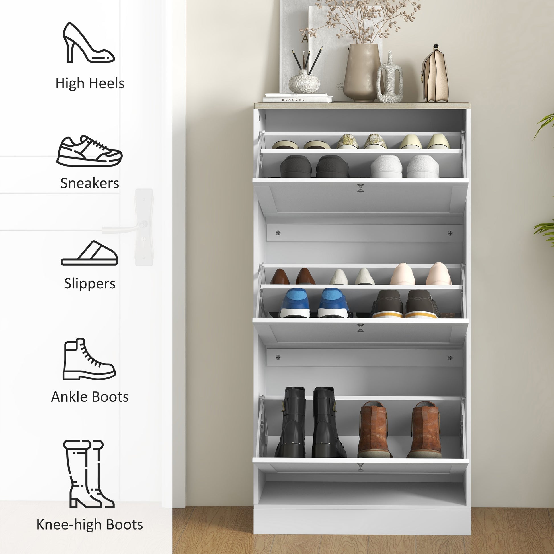 Modern Shoe Storage with 3 Flip Drawers and Adjustable Shelves, Shoe Cabinet Organizer for 12-18 Pairs of Shoes, White