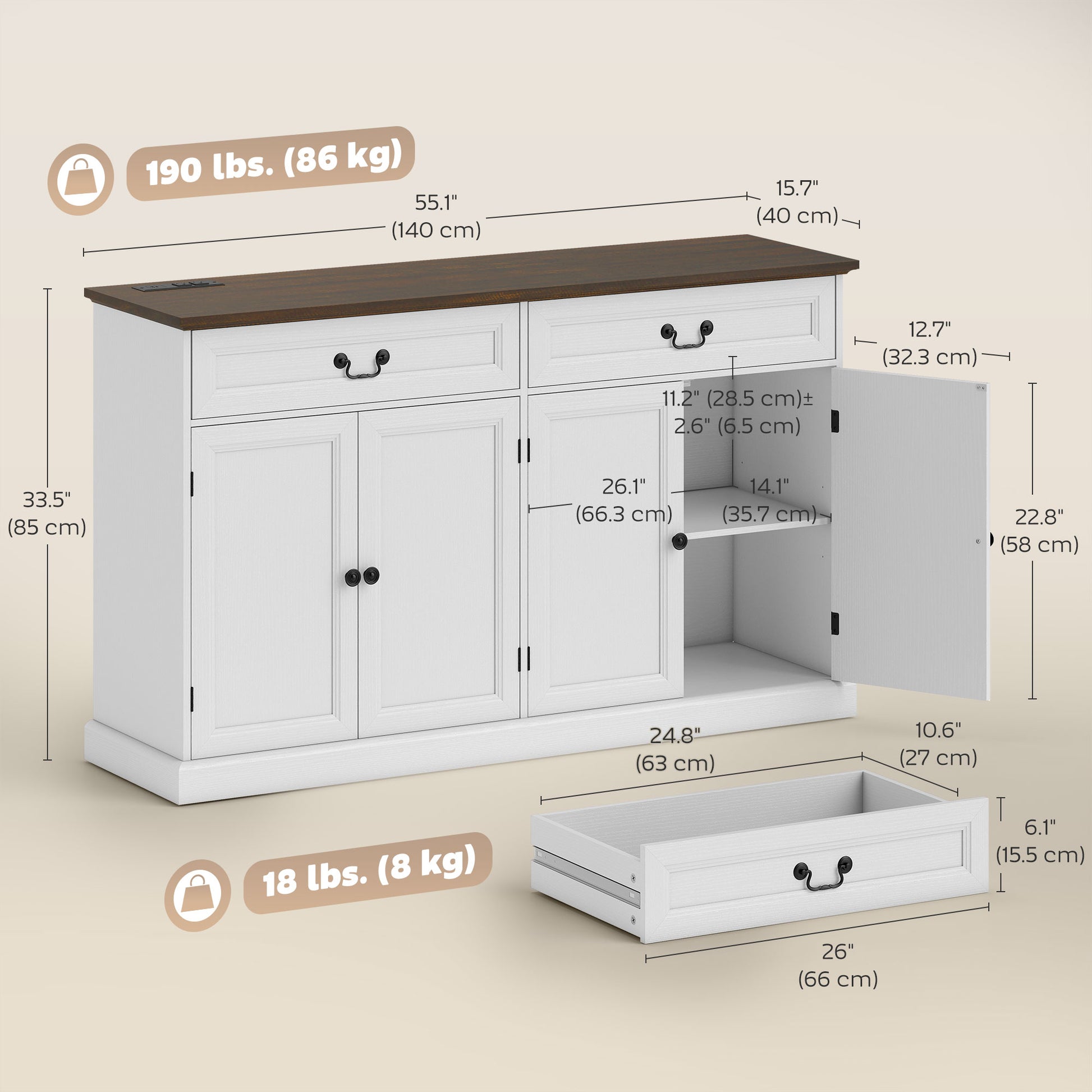 Buffet Cabinet, 55" Farmhouse Sideboard with Charging Station, 2 Drawers and 2 Adjustable Shelves, White Wood Grain
