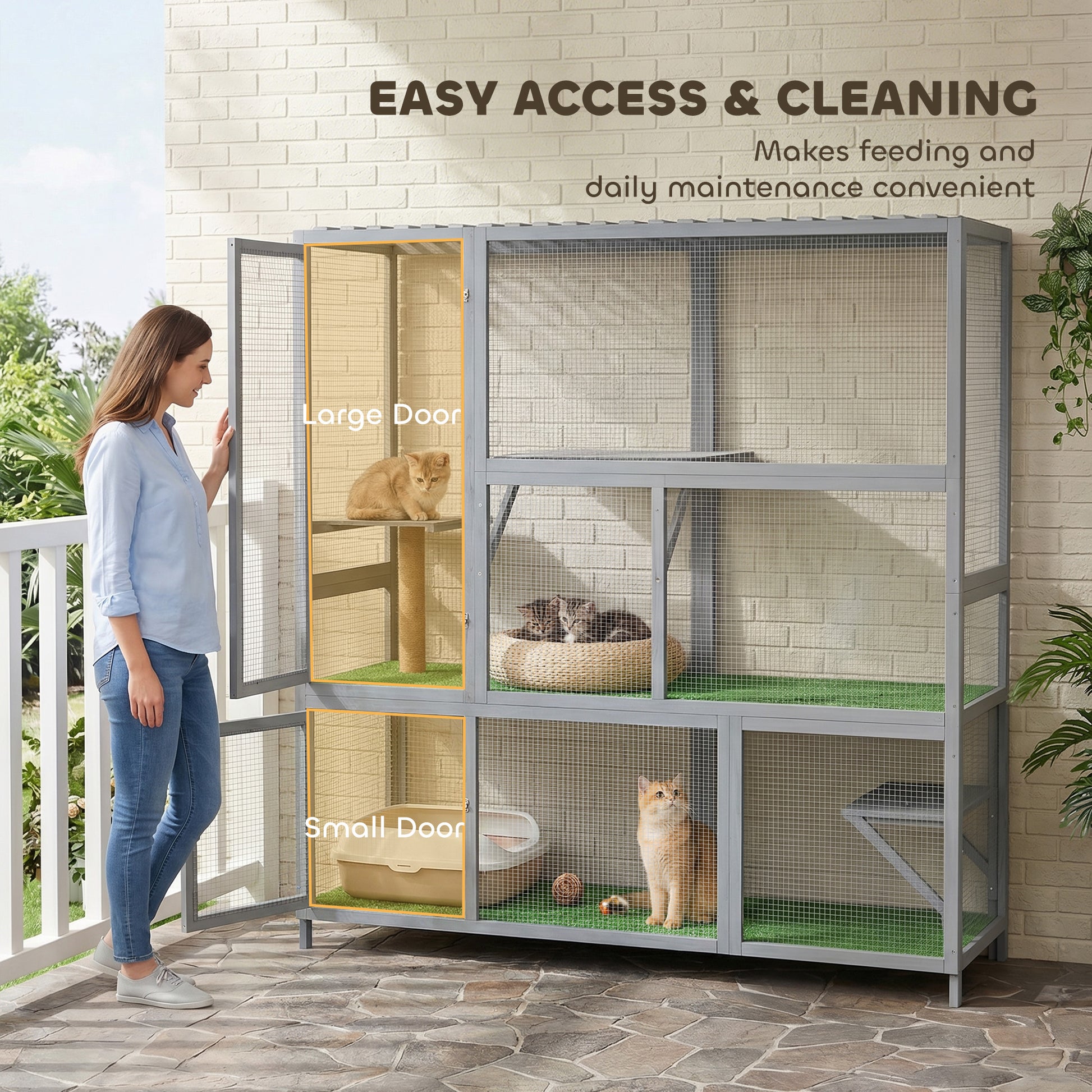 Catio Outdoor Cat Enclosure, 77" H Wooden Cat House with Weatherproof Roof, Platforms and Scratching Post