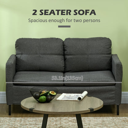 53" 2 Seat Sofa, Upholstered Two Seater Couch with Sturdy Steel Legs for Bedroom, Living Room, Dark Grey