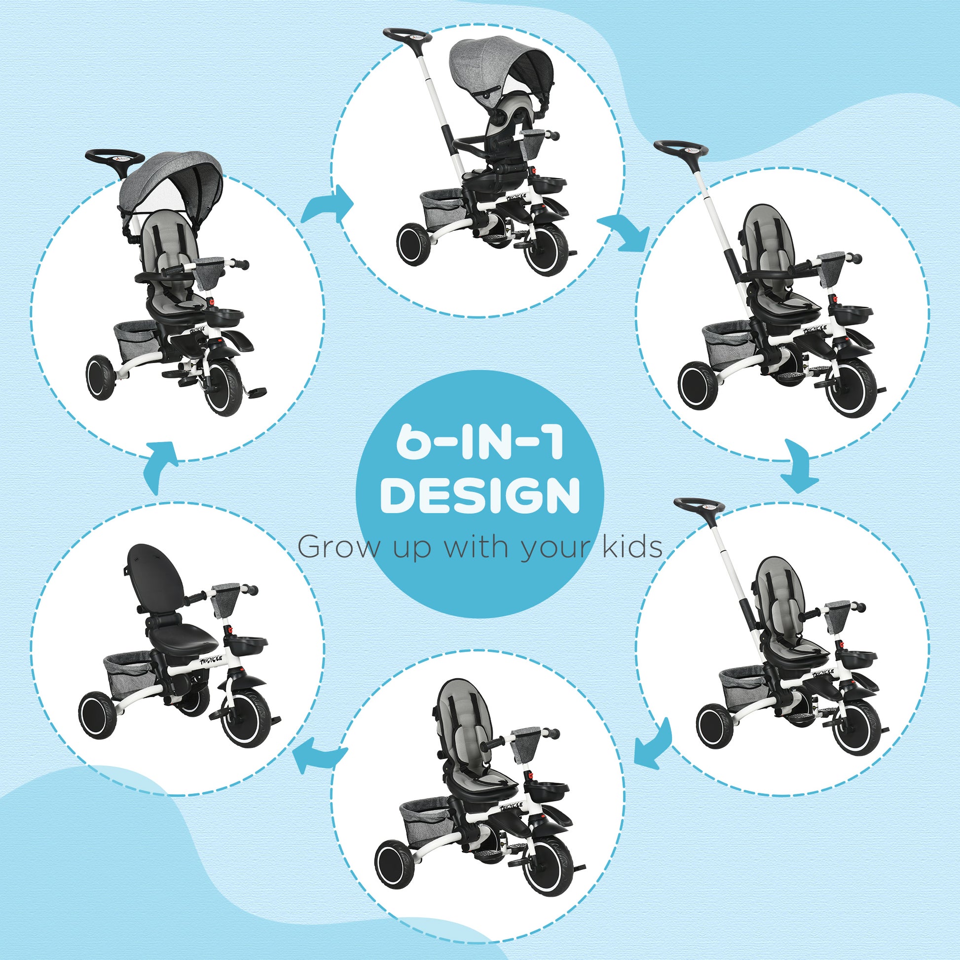 Aosom Tricycle for Toddler 6-in-1 Kids Trike, Foldable Converts Stroller to Baby Push Bike, Adjustable Backrest with Detachable Guardrail & Handle, Brake for 1-4 Years Old, Grey