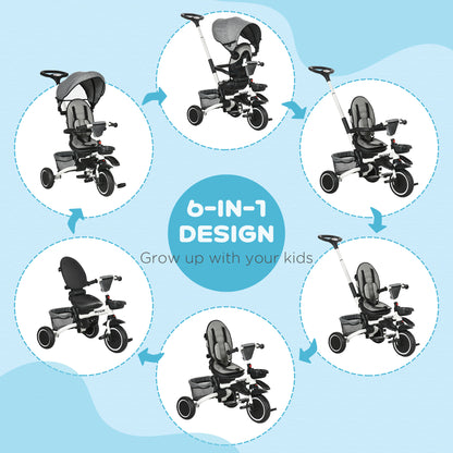 Aosom Tricycle for Toddler 6-in-1 Kids Trike, Foldable Converts Stroller to Baby Push Bike, Adjustable Backrest with Detachable Guardrail & Handle, Brake for 1-4 Years Old, Grey
