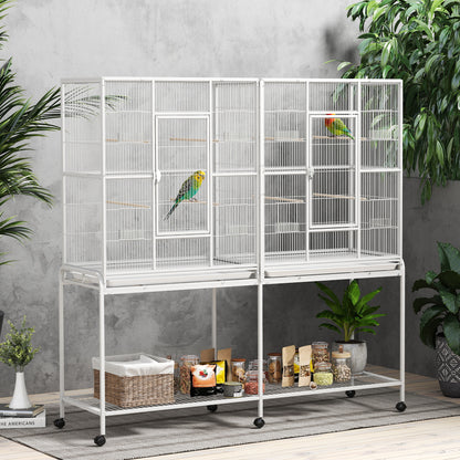 64" Large Rolling Bird Cage Bird House with Detachable Rolling Stand, Storage Shelf, Wood Perch Food Container, White