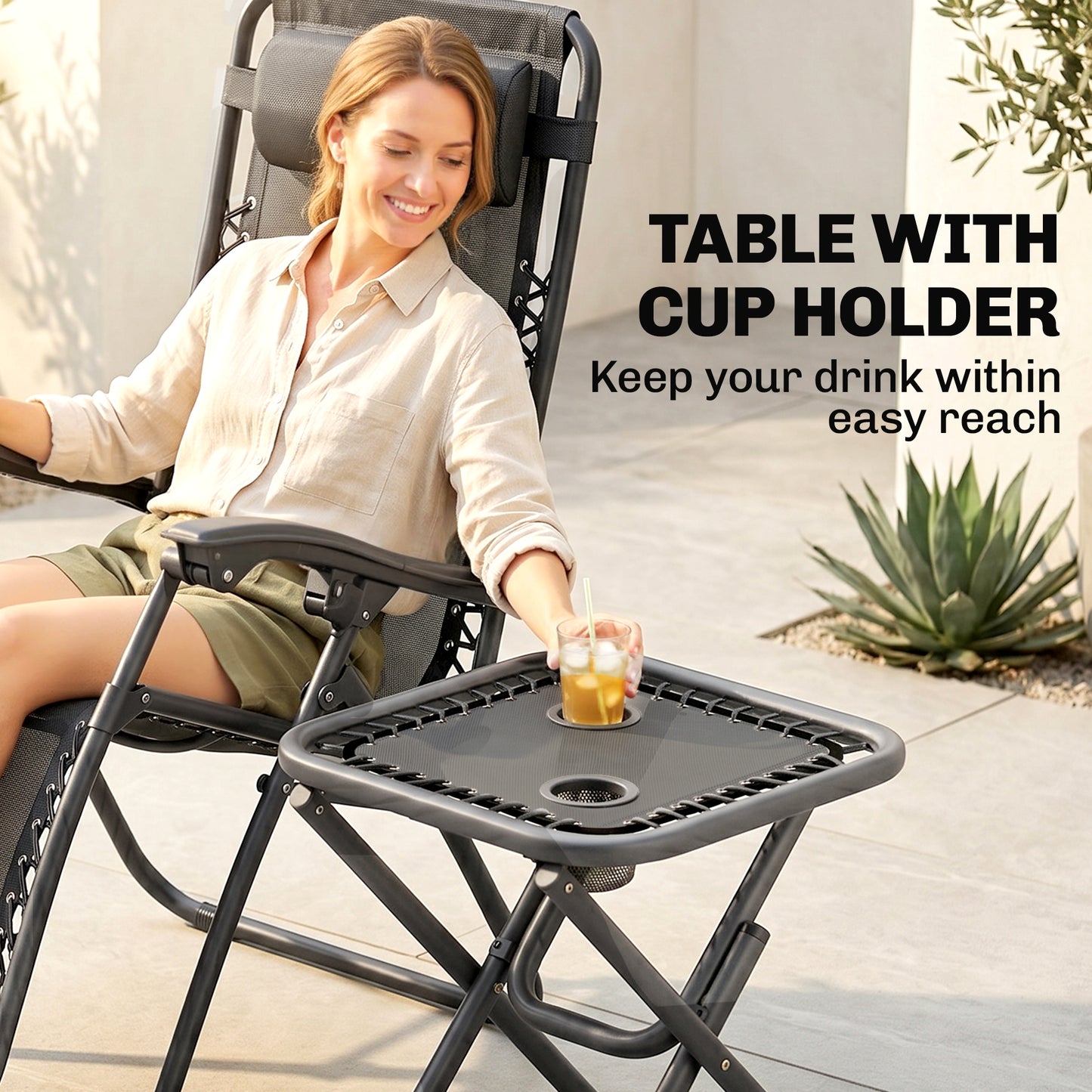 Zero Gravity Chair Set of 2 Patio Chair with Side Table Cupholders and Pillows for Pool, Backyard, Lawn, Beach, Grey