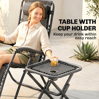 Zero Gravity Chair Set of 2 Patio Chair with Side Table Cupholders and Pillows for Pool, Backyard, Lawn, Beach, Grey