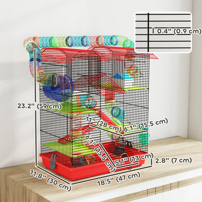 18.5" Hamster Cage, 5 Tiers Small Animal House with Tunnel Tube System, Exercise Wheel, Water Bottle, Red