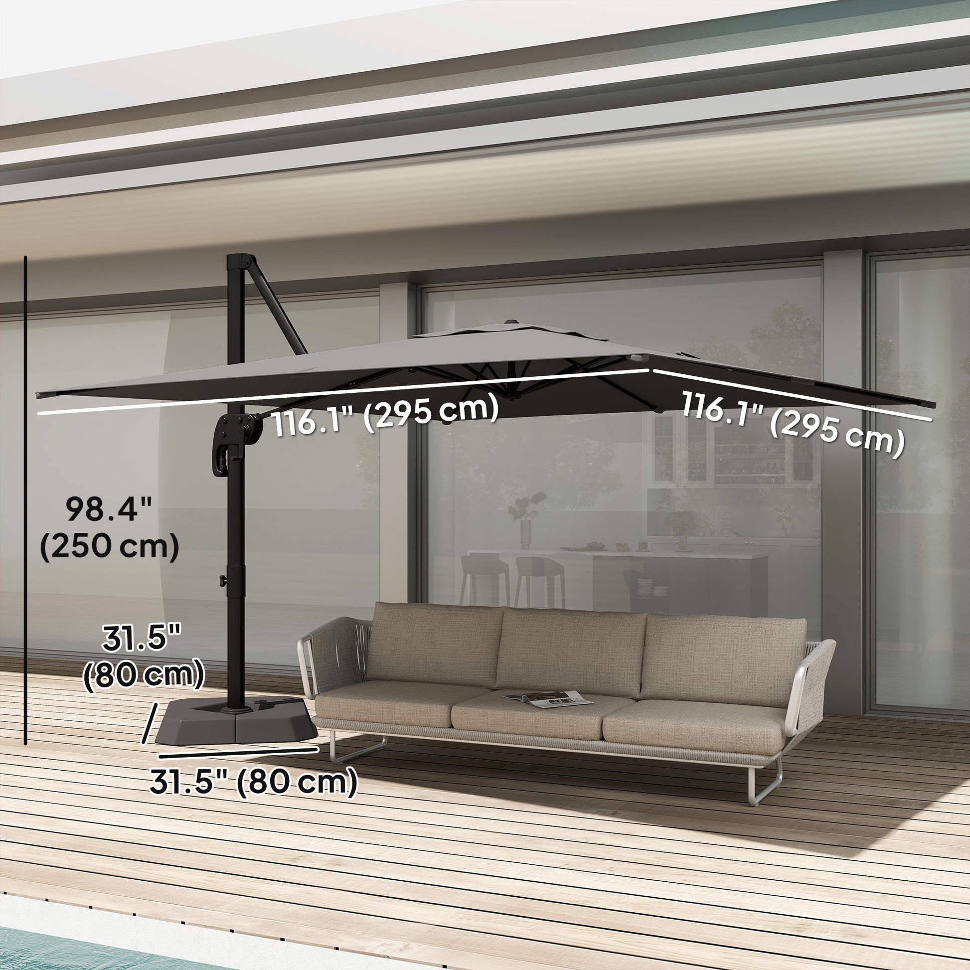 10 FT Patio Umbrella with Base, Outdoor Offset Cantilever Umbrella with Crank Handle and Tilt, 360° Rotation