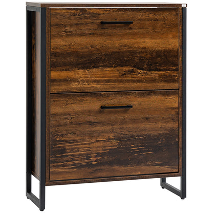 Shoe Cabinet with 2 Flip Doors, Slim 2-Drawer Shoe Cupboard with Divider and Open Compartment for 12 Pairs of Shoes, Entryway Storage Unit, Rustic Brown