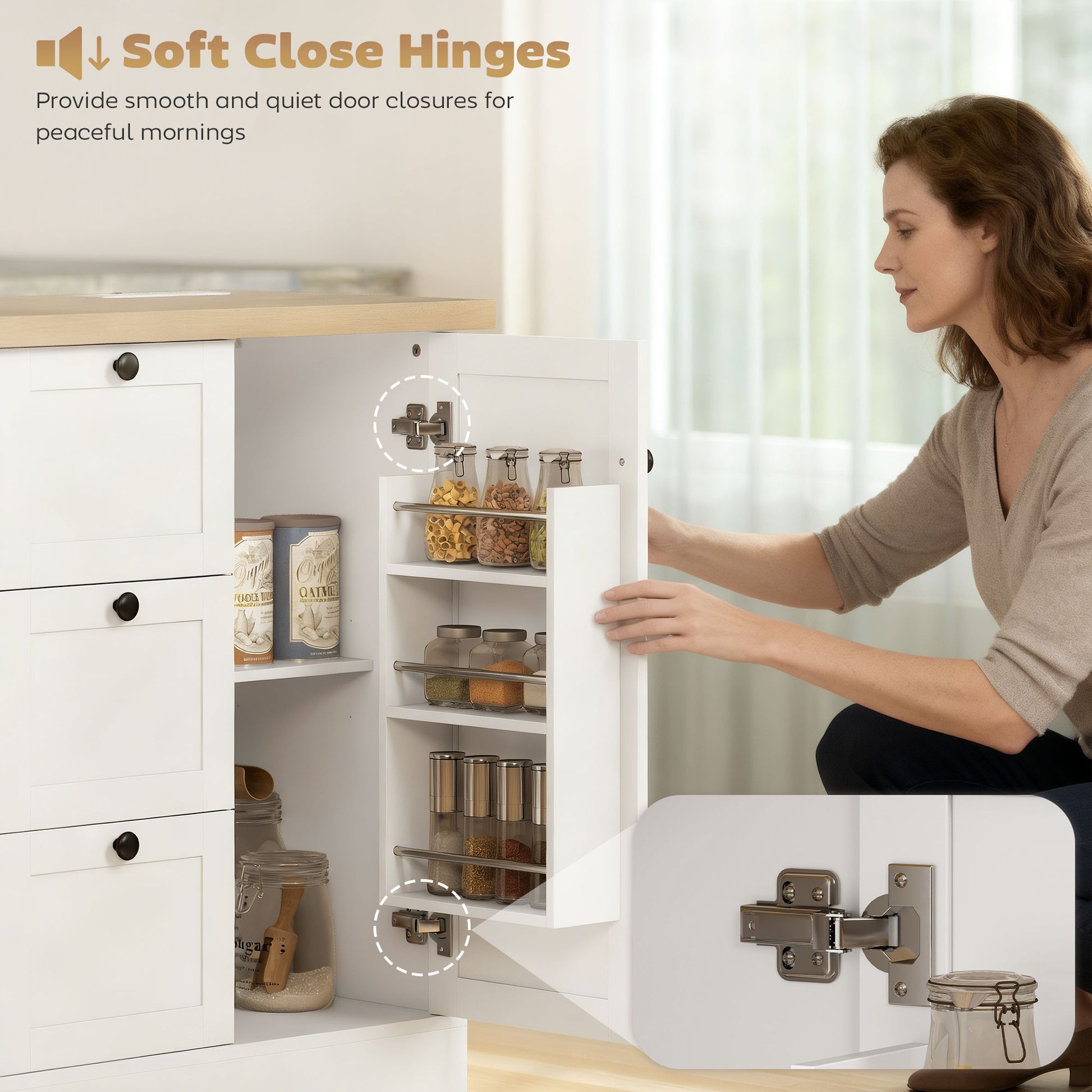 Farmhouse Kitchen Island Cart with Power Outlet and Soft-Close Doors, 49" Kitchen Island with 3 Drawers, White