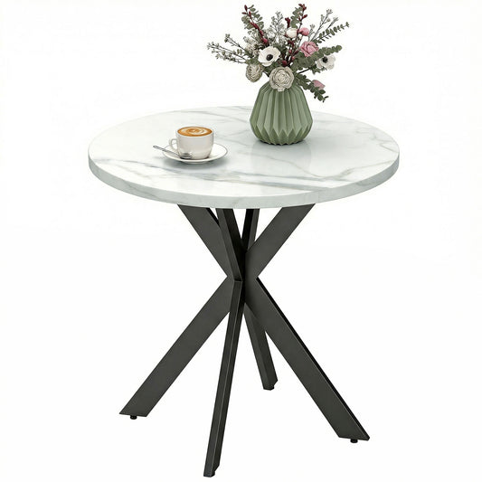 29" Dining Table, Contemporary Round Kitchen Table with Steel Legs, White Marble-Effect