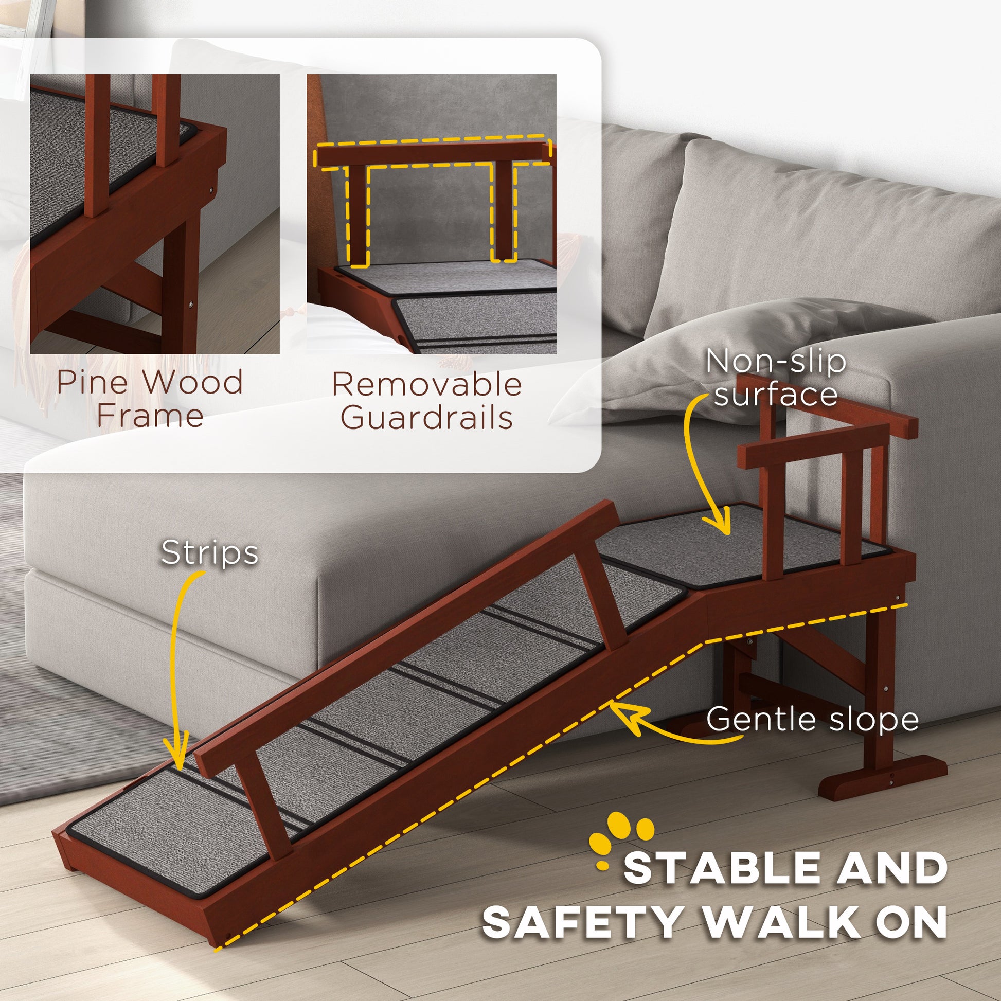Wooden Dog Ramp for Large Dogs, 49" Long, with Non-slip Rug, Removable Guardrails for Couch, Bed, Brown