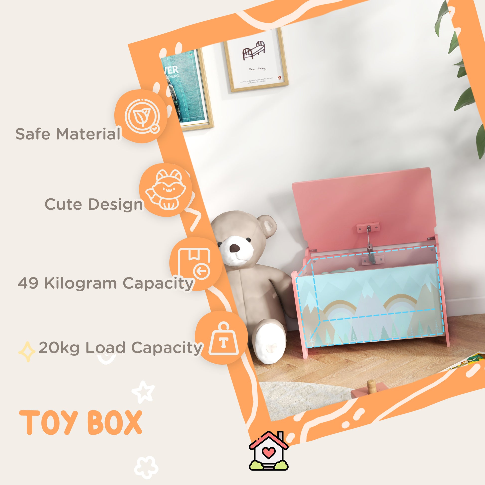 Qaba Toy Box, Kids Storage Chest with Lid, Safety Hinges and Groove Handles, Toy Storage Organizer with Rainbow Pattern for Boys, Girls, Pink