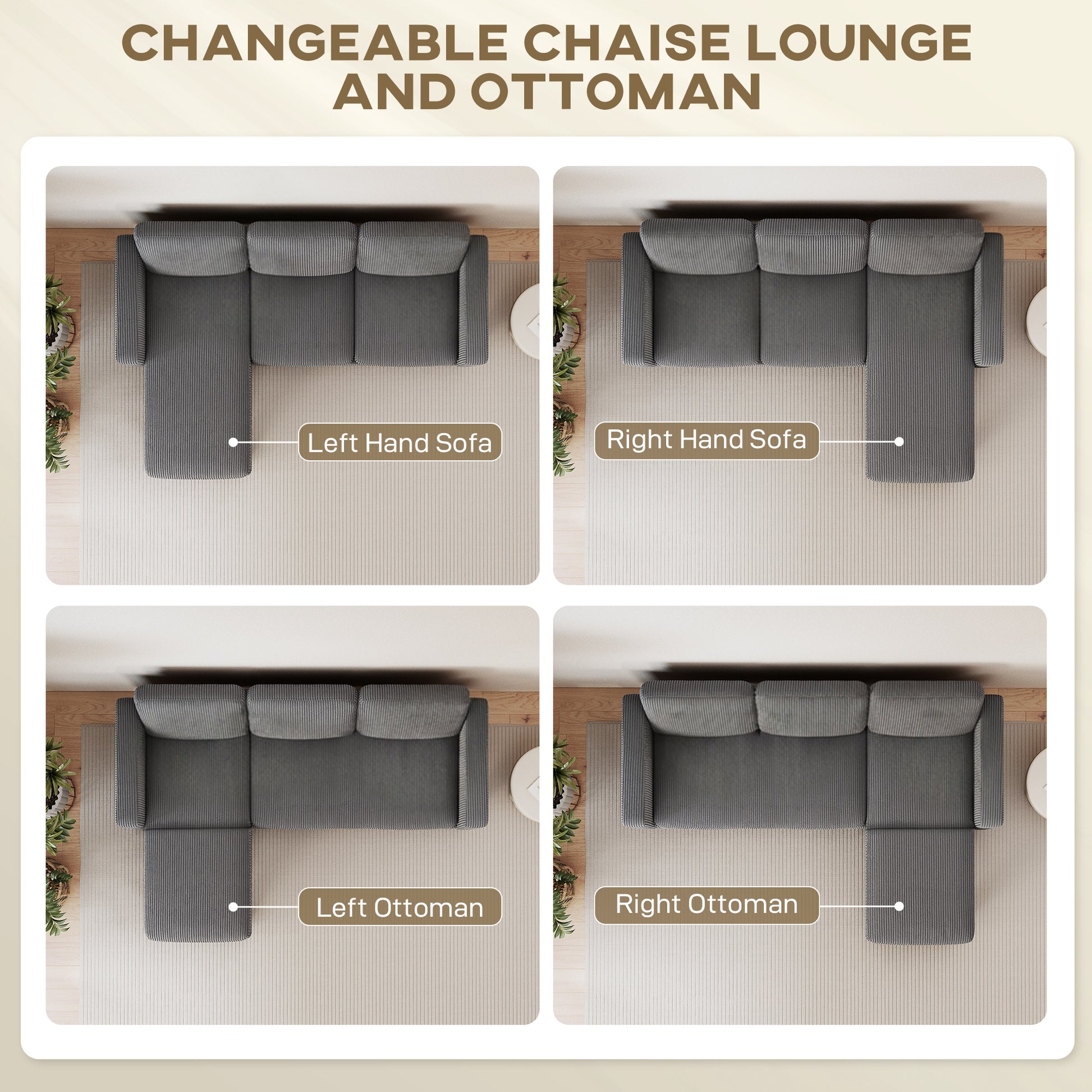 Sectional Sofa, L Shaped Couch, with Changeable Chaise or Ottoman, Dark Grey