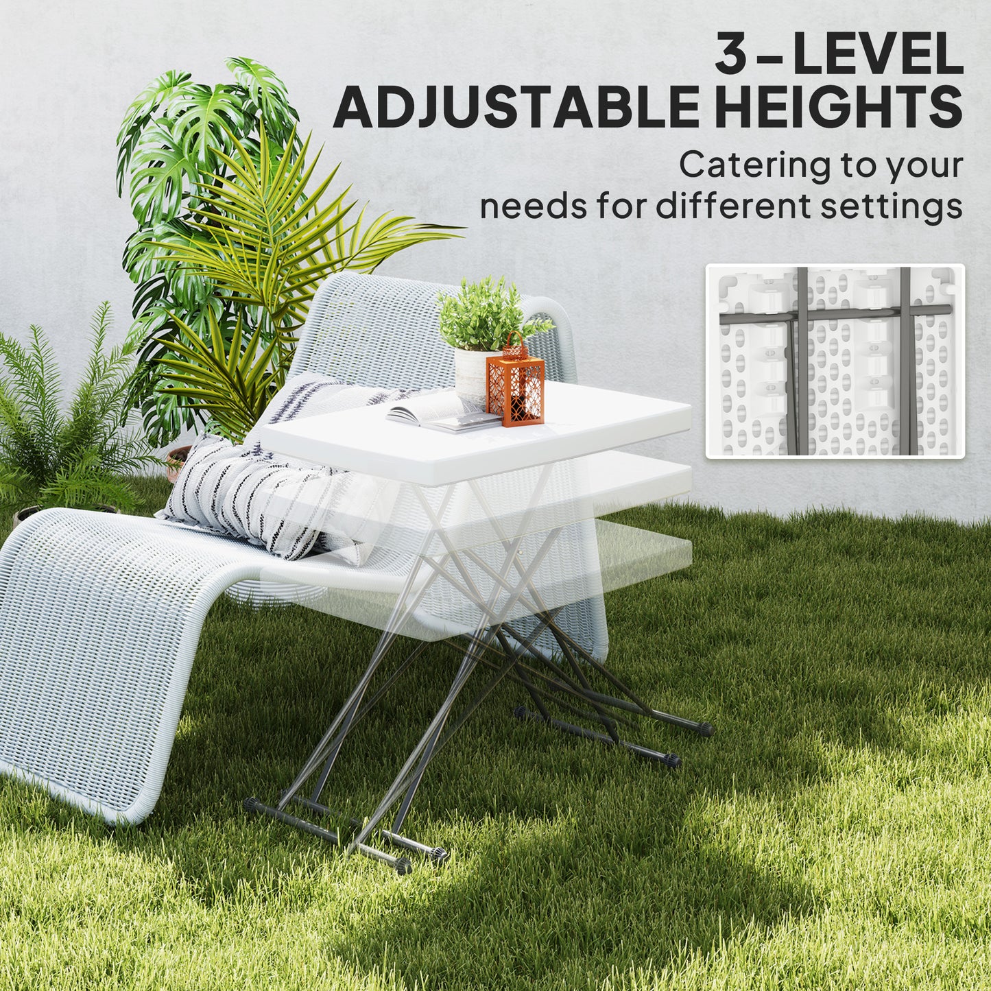 Folding Outdoor Patio Table, 3-Level Adjustable Camping Table Picnic Table with HDPE Top, Steel Legs, White